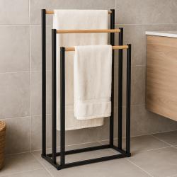 Bathroom Solutions Věšák na ručníky kovový černý s bambusem