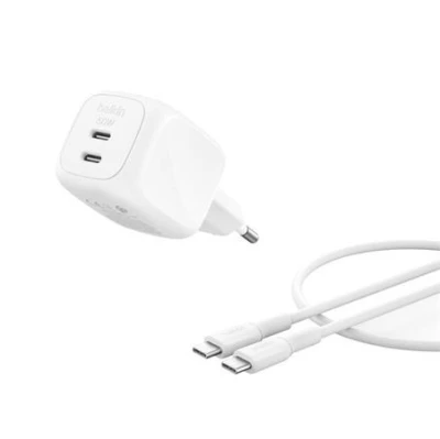 Belkin BOOST CHARGE PRO Duální 50W USB-C Power Delivery GaN PPS nástěnná nabíječka + 1m USB-C/USB-C kabel, bílá