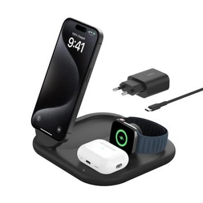 Belkin BOOST CHARGE™ Qi2 15W 3v1 Magnetický nabíjecí stojan, skládací, černá Belkin BOOST CHARGE™ Qi2 15W 3v1 Magnetický nabíjecí stojan, skládací, černá