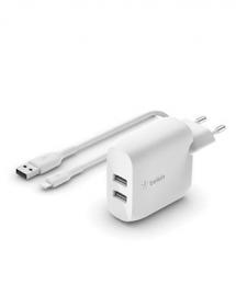 Belkin BOOST CHARGE™ Duální 24W USB-A nástěnná nabíječka + 1m lightning kabel, bílá Belkin BOOST CHARGE™ Duální 24W USB-A nástěnná nabíječka + 1m lightning kabel, bílá
