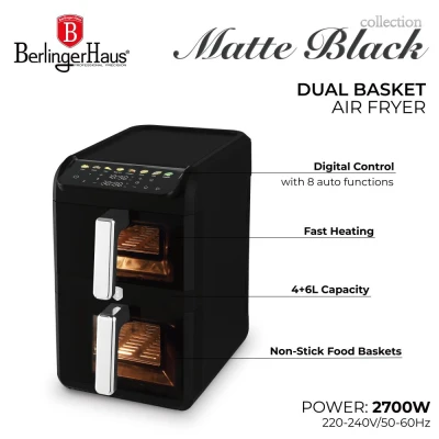 Berlingerhaus Horkovzdušná fritéza digitální dvojitá 4+6 l Matte Black Collection