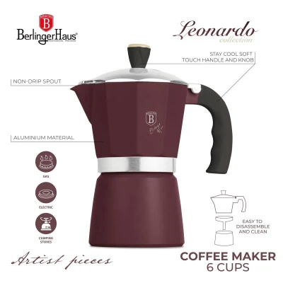 Berlingerhaus Konvice na espresso 6 šálků vínová Leonardo Collection
