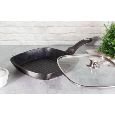 Berlingerhaus Pánev grilovací s mramorovým povrchem a poklicí 28 cm Carbon PRO Line