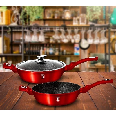 BH-1261 Pánev hluboká s mramorovým povrchem a poklicí 32 cm Burgundy Metallic Line BERLINGERHAUS