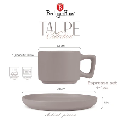 Berlingerhaus Sada hrnků na espresso s podšálkem 8 ks 100 ml Taupe Collection