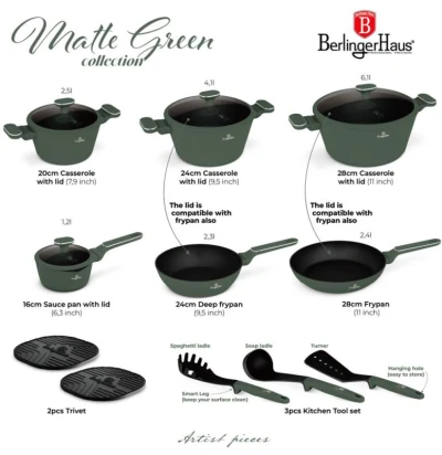 Berlingerhaus Sada nádobí s titanovým povrchem 15 ks Matte Green Collection