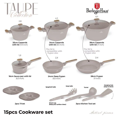 Berlingerhaus Sada nádobí s titanovým povrchem 15 ks Taupe Nordic Collection