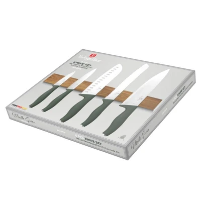 Berlingerhaus Sada nožů s magnetickým držákem z akátového dřeva 6 ks Matte Green Collection