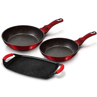 Berlingerhaus Sada pánví a grilovací desky s mramorovým povrchem 3 ks Metallic Line Burgundy Edition