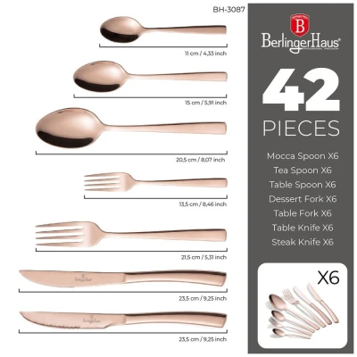 Berlingerhaus Sada příborů se steakovým nožem 42 ks nerez leštěný povrch Rosegold Collection