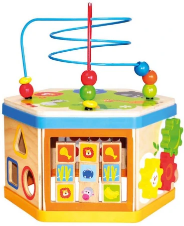 Bino DREVO Baby kocka motorická prevliekačka s aktivitami 7v1