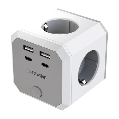 BlitzWolf BW-EC2 bílo-šedá 8v1 napájecí kostka (4x AC/2x USB-A/2x USB-C)