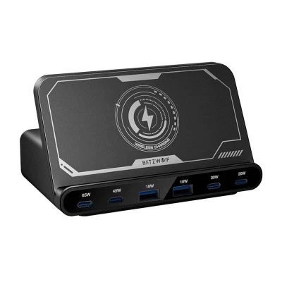 BlitzWolf BW-S27 160W černá síťová nabíječka s 2x USB-A, 4x USB-C a 15W bezdrátovým dobíjením