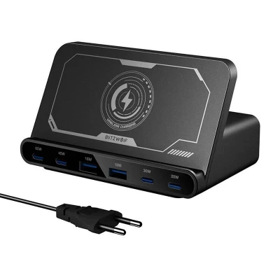 BlitzWolf BW-S27 160W černá síťová nabíječka s 2x USB-A, 4x USB-C a 15W bezdrátovým dobíjením