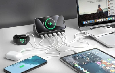 BlitzWolf BW-S27 160W černá síťová nabíječka s 2x USB-A, 4x USB-C a 15W bezdrátovým dobíjením