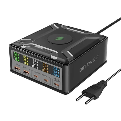 BlitzWolf BW-S28 černá 260W 2xUSB-A 3xUSB-C 15W bezdrátová USB nabíječka
