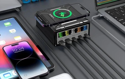 BlitzWolf BW-S28 černá 260W 2xUSB-A 3xUSB-C 15W bezdrátová USB nabíječka