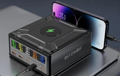 BlitzWolf BW-S28 černá 260W 2xUSB-A 3xUSB-C 15W bezdrátová USB nabíječka
