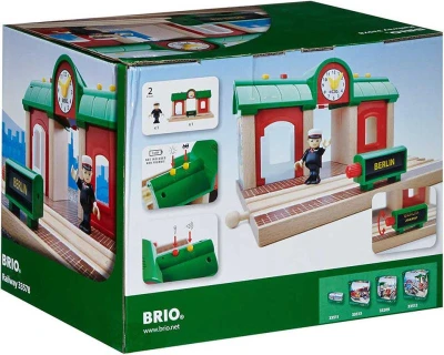 Brio DŘEVO Vlaková stanice set s výpravčím funkce nahrávání REC Světlo Zvuk