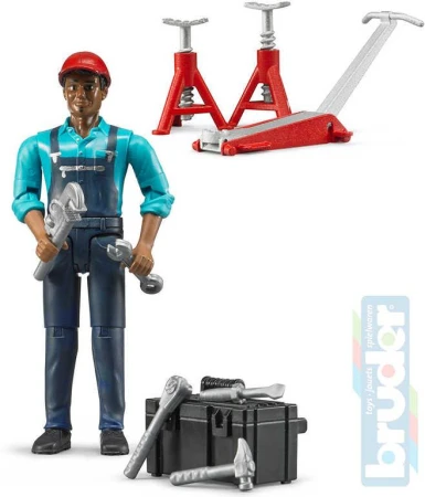 Bruder 62100 Figúrka mechanik 11cm tmavá pleť set s doplnkami plast