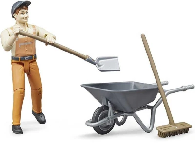 Bruder 62130 Figúrka komunálny pracovník 11cm set s kolieskami a náradím plast