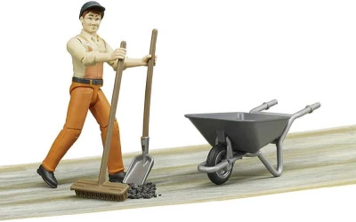 Bruder 62130 Figúrka komunálny pracovník 11cm set s kolieskami a náradím plast