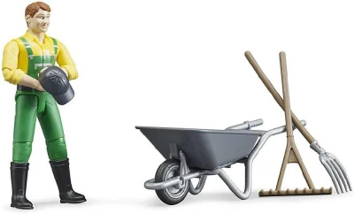 Bruder 62610 Figurka zemědělec 11cm set s kolečky a nářadím plast