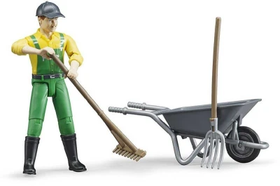 Bruder 62610 Figurka zemědělec 11cm set s kolečky a nářadím plast