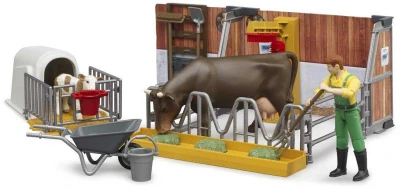 Bruder 62611 Stajňa herný set farmár s kravou a teliatkom s doplnkami