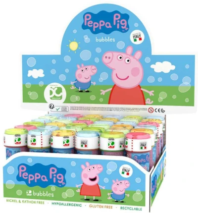Bublifuk Peppa Pig 60ml dětský bublifukovač s hrou ve víčku Bublifuk Peppa Pig 60ml dětský bublifukovač s hrou ve víčku