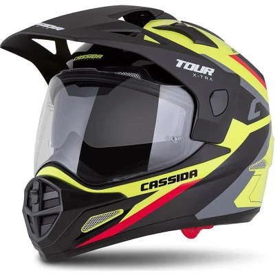 Cassida Enduro přilba Tour 2.0 X-tra fluo žluto-černo-červeno-šedá s černým matným kšiltem