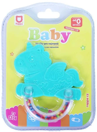 Chrastítko a kousátko Baby jednorožec modrý plastové na kartě pro miminko