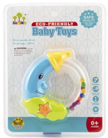 Chrastítko baby měsíc 11cm s kuličkama pro miminko 2 barvy plast