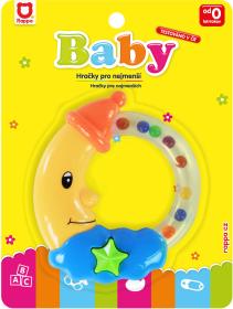 Chrastítko baby měsíček pro miminko na kartě 4 barvy plast