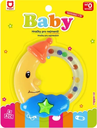Chrastítko baby měsíček pro miminko na kartě 4 barvy plast
