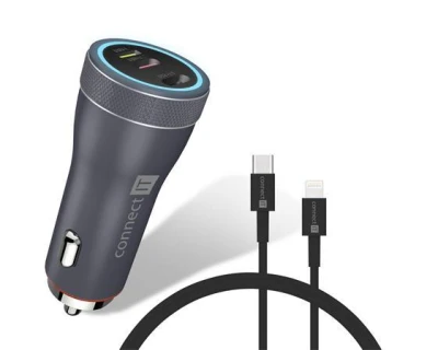 Connect IT InCarz DUPLEX nabíječka do auta, 2x USB-C, 1x Lightning, ANTRACITOVÁ