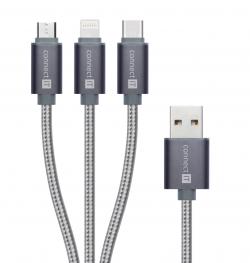 CONNECT IT Wirez 3in1 USB-C Micro USB Lightning, silver gray, 1,2 m CONNECT IT Wirez 3in1 USB-C Micro USB Lightning, silver gray, 1,2 m