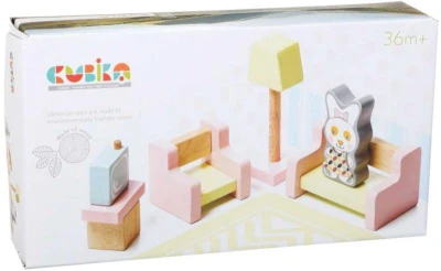 Cubika DREVO Obývacia izba nábytok pre bábiky s figúrkou a magnetickými oblečkami