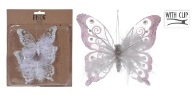 Dekorace Motýl 15,5 cm PH/PEŘÍČKA BÍ klip (2ks)