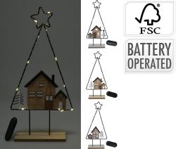 Dekorace Strom S DOMEČKEM 10LED, 39cm kov/dřevo mix