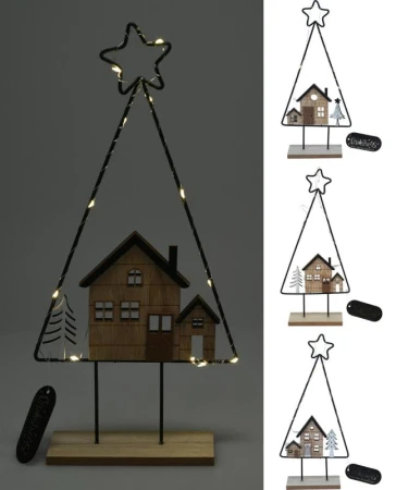Dekorace Strom S DOMEČKEM 10LED, 39cm kov/dřevo mix Dekorace Strom S DOMEČKEM 10LED, 39cm kov/dřevo mix