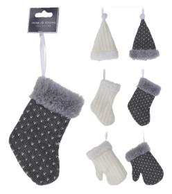 Dekorace závěsná mix RUKAVICE/PUNČOCHA/ČEPICE 15cm BÍ,ŠE