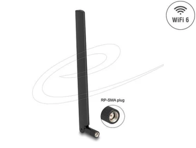 DeLock WiFi 6 anténa RP-SMA samec 3 - 6 dBi všesměrová s otočným kloubem černá DeLock WiFi 6 anténa RP-SMA samec 3 - 6 dBi všesměrová s otočným kloubem černá