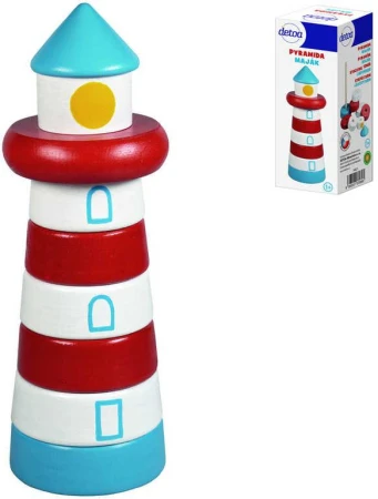 Detoa DŘEVO Baby pyramida navlékací věžička s barevnými kroužky Maják Detoa DŘEVO Baby pyramida navlékací věžička s barevnými kroužky Maják