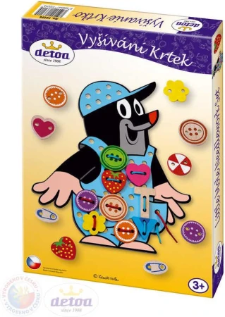 Detoa DŘEVO Vyšívání Krtek (Krteček) set 26 dílků s tkaničkou a knoflíky