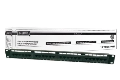 Digitus CAT 5e patch panel, nestíněný, 24 portů RJ45, 8P8C, LSA, 1U, do stojanu, černý, 482x44x109 Digitus CAT 5e patch panel, nestíněný, 24 portů RJ45, 8P8C, LSA, 1U, do stojanu, černý, 482x44x109
