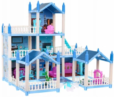 Domeček velký třípatrový vila pro panenky set s nábytkem a doplňky plast