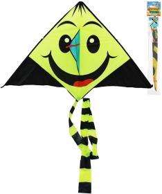 Drak létající smíšek 140cm žlutočerný smajlík s třásněmi nylonový Drak létající smíšek 140cm žlutočerný smajlík s třásněmi nylonový