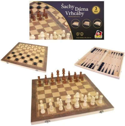 DREVO Hra Šachy Dáma Backgammon 30x30cm 3v1 (spoločenská hra)