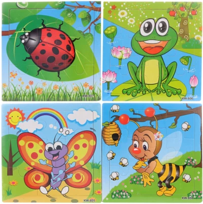 DŘEVO Puzzle vkládací na desce zvířátka 9 dílků 4 druhy (dřevěná hračka)
